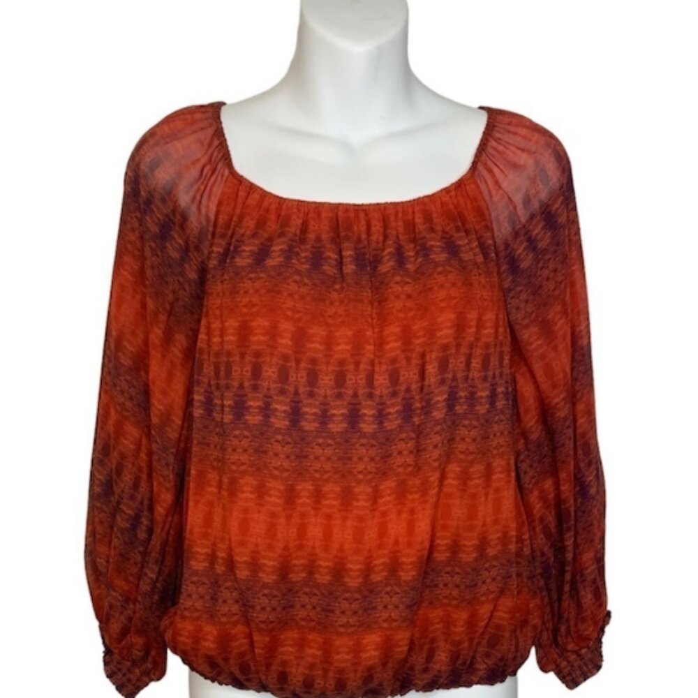 Medium Alice + Olivia silk blouse in shades of red (Peasant Style)